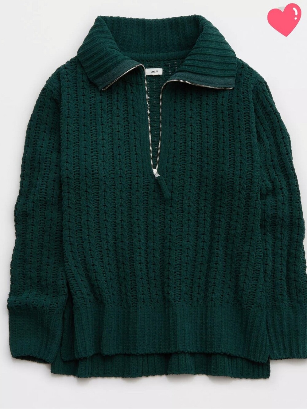 AERIE Women's Cable Knit Chunky Quarter Zip Oversized Small Deep‎ Emerald Green
